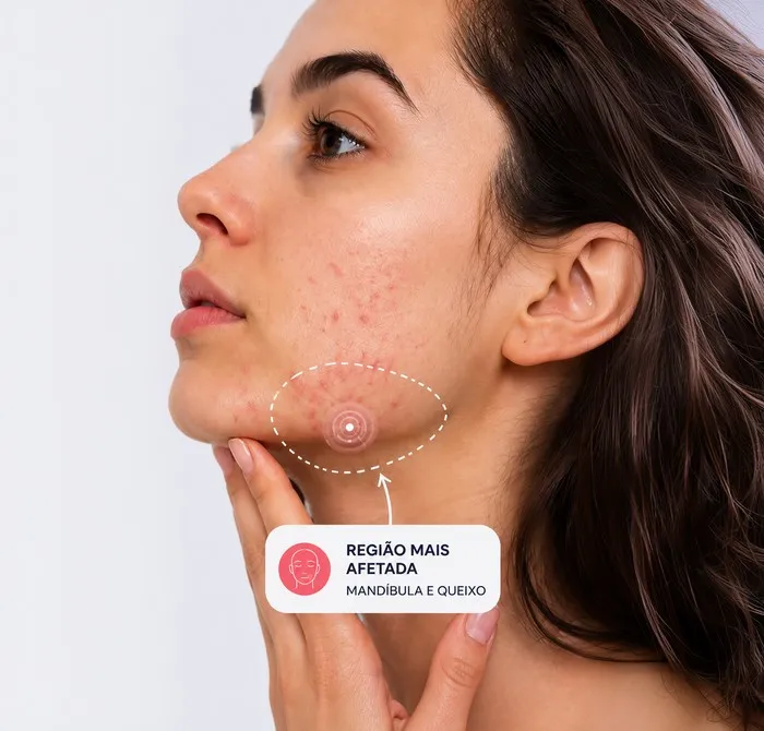 Perfil com marcação da região mais afetada: mandíbula e queixo